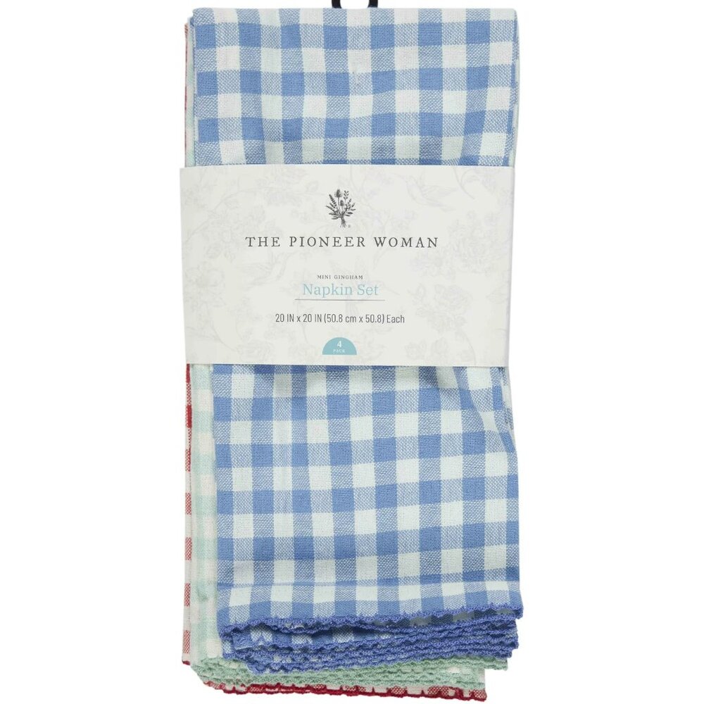 Pioneer Woman Gingham Fabric Napkins 4pc Set 20"x20" 100% Cotton Multicolor